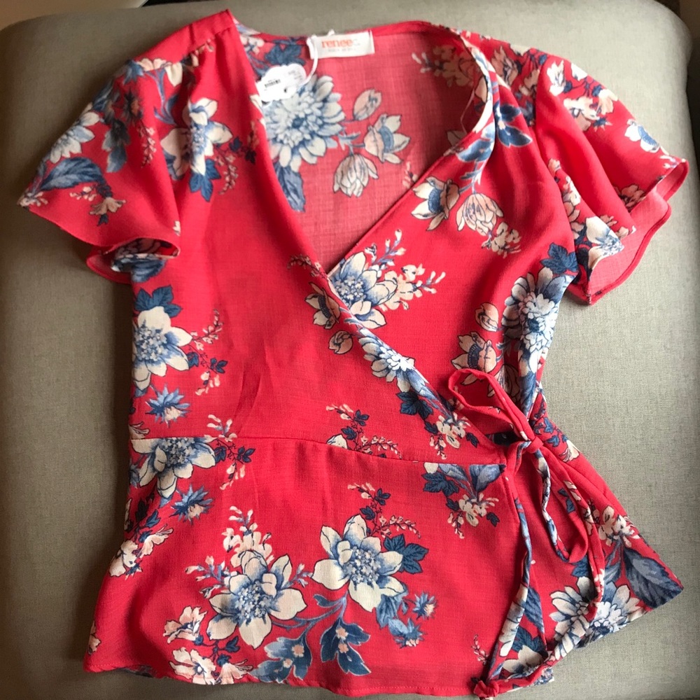 NWT Coral/red floral wrap top